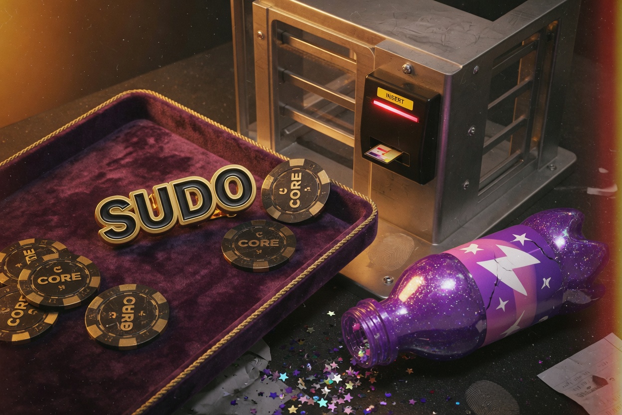 A gold SUDO pin on a velvet tray next to CORE poker chips, a card-reader gate, and a spilled sparkle bottle.