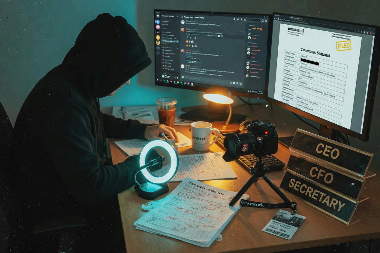 Anonymous hooded figure at a desk with stacked CEO, CFO, and Secretary nameplates, a ring light, and a corporate filing on a second monitor.